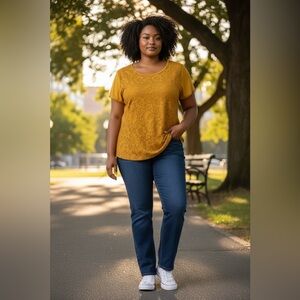 LOFT Women's Short Sleeve Lace Layered T-Shirt Size XL Mustard Yellow